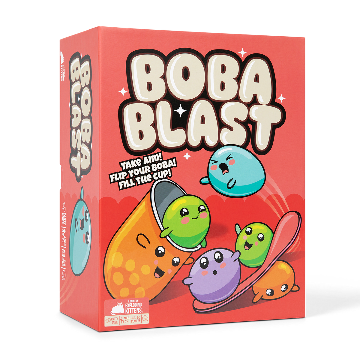 Boba Blast game box at an angle, an orange box with cartoon boba tea characters (Primary image) View 1