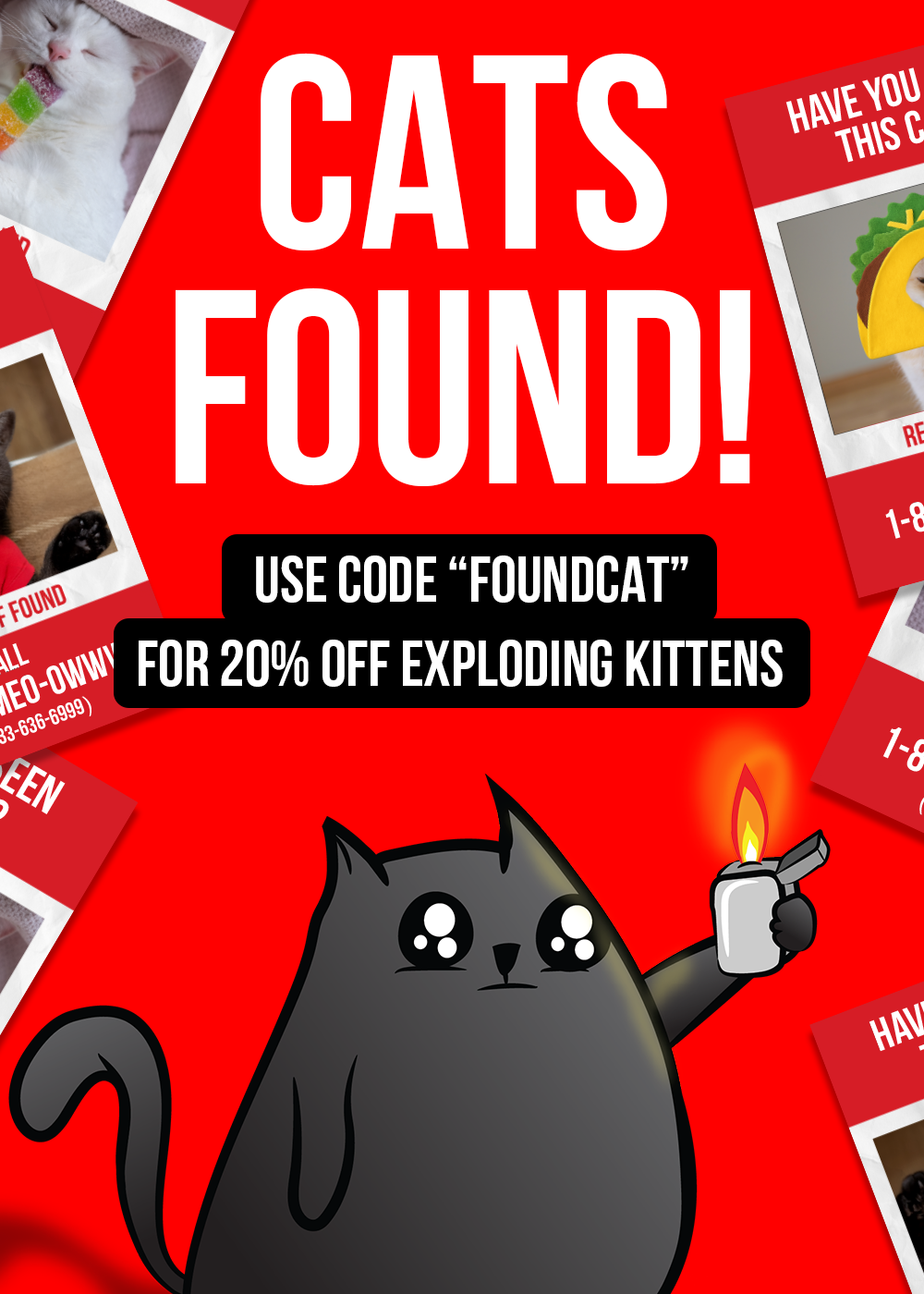 Cats Found mobile banner with a black cat and discount code