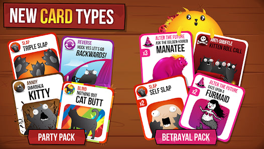 New card types feature banner showing party pack and betrayal pack cards