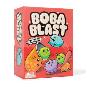 Boba Blast game box at an angle, an orange box with cartoon boba tea characters 