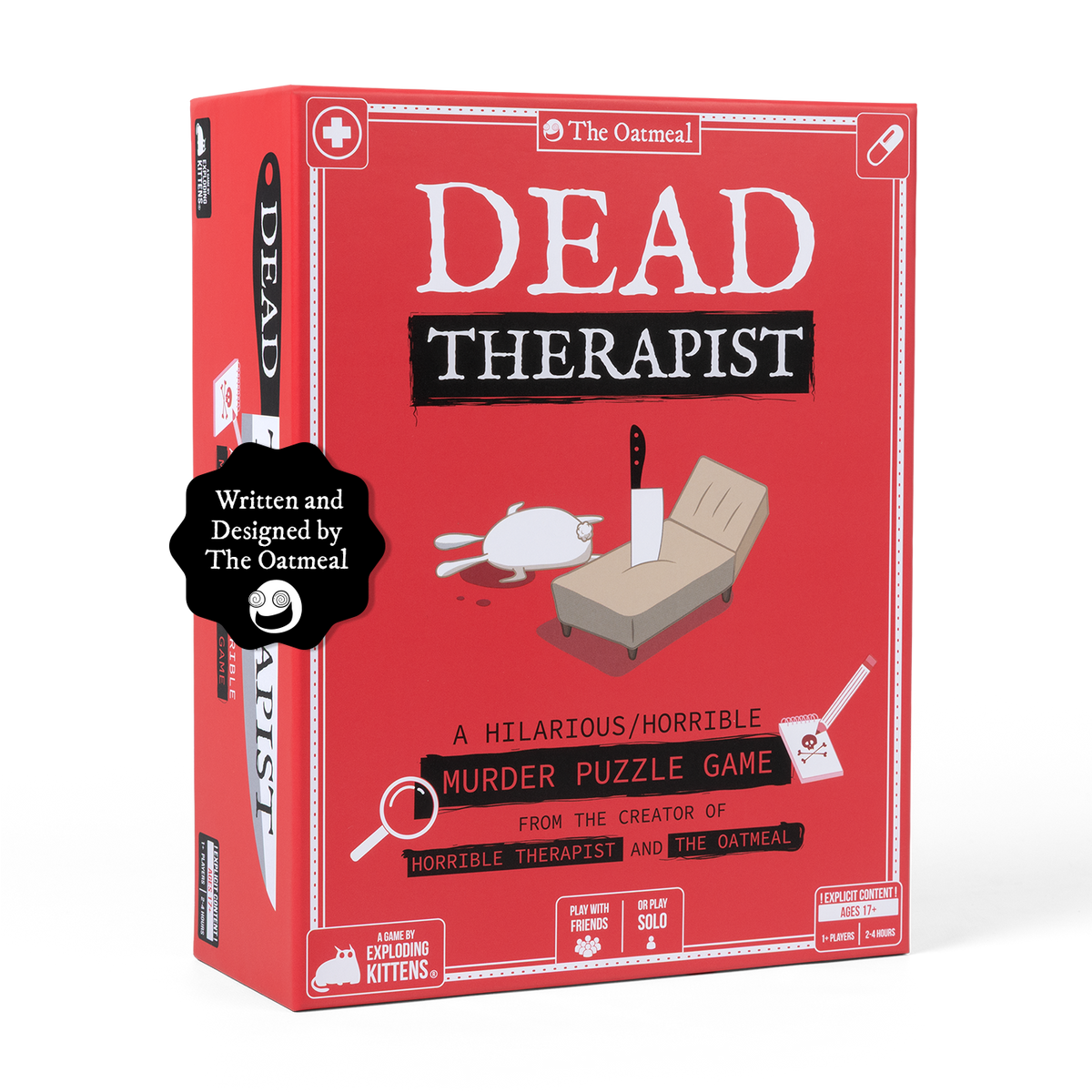 Dead Therapist game box at an angle, a red murder-puzzle game box by The Oatmeal (Primary image) View 1