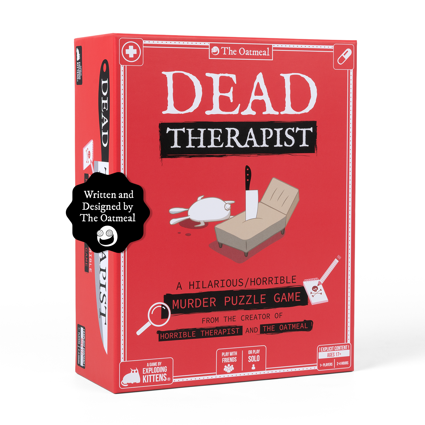 Dead Therapist game box at an angle, a red murder-puzzle game box by The Oatmeal 