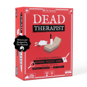 Dead Therapist game box at an angle, a red murder-puzzle game box by The Oatmeal 