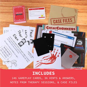 Dead Therapist contents: 146 gameplay cards, hints and answers, therapy notes, case files 
