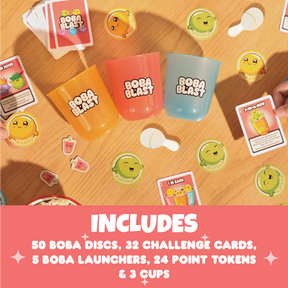 Boba Blast contents: 50 boba discs, 32 challenge cards, 5 launchers, 24 tokens, 2 cups 
