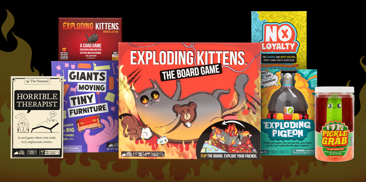 Black Friday graphic with a collage of Exploding Kittens game boxes