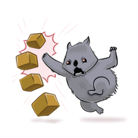 Gray wombat character startled by flying boxes