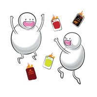 Characters celebrating among scattered hot sauce bottles