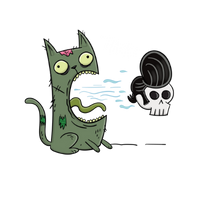 Cartoon green zombie cat with a skull, Zombie Kittens art