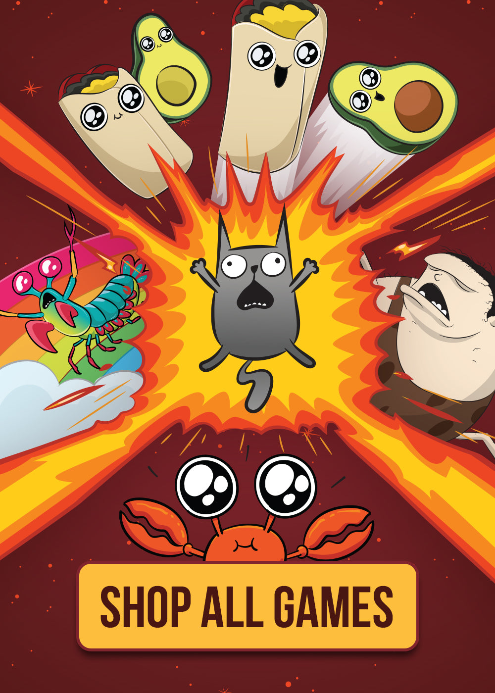 Shop All Games banner with a screaming cat and cartoon food characters