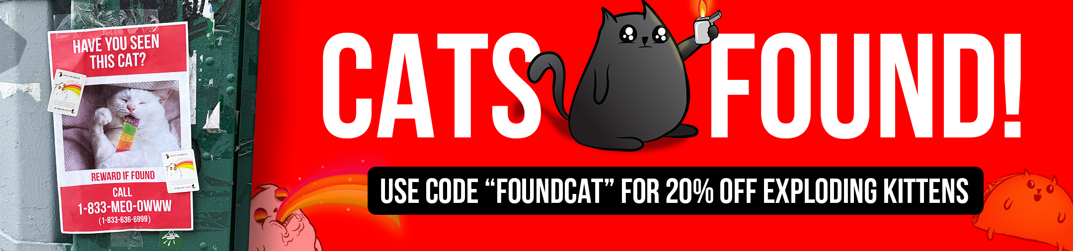 Cats Found promo banner offering a discount code on Exploding Kittens