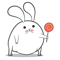 White bunny character holding a red lollipop