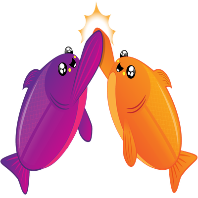 Purple and orange cat characters high-fiving with celebratory stars