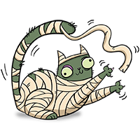 Green cat wrapped in mummy bandages reaching out 