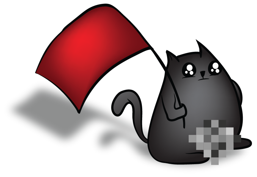 Black cat waving a red flag in playful character art