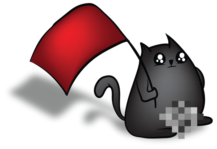 Black cat waving a red flag in playful character art