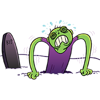 Green creature struggling to hang from a rope above a grave 