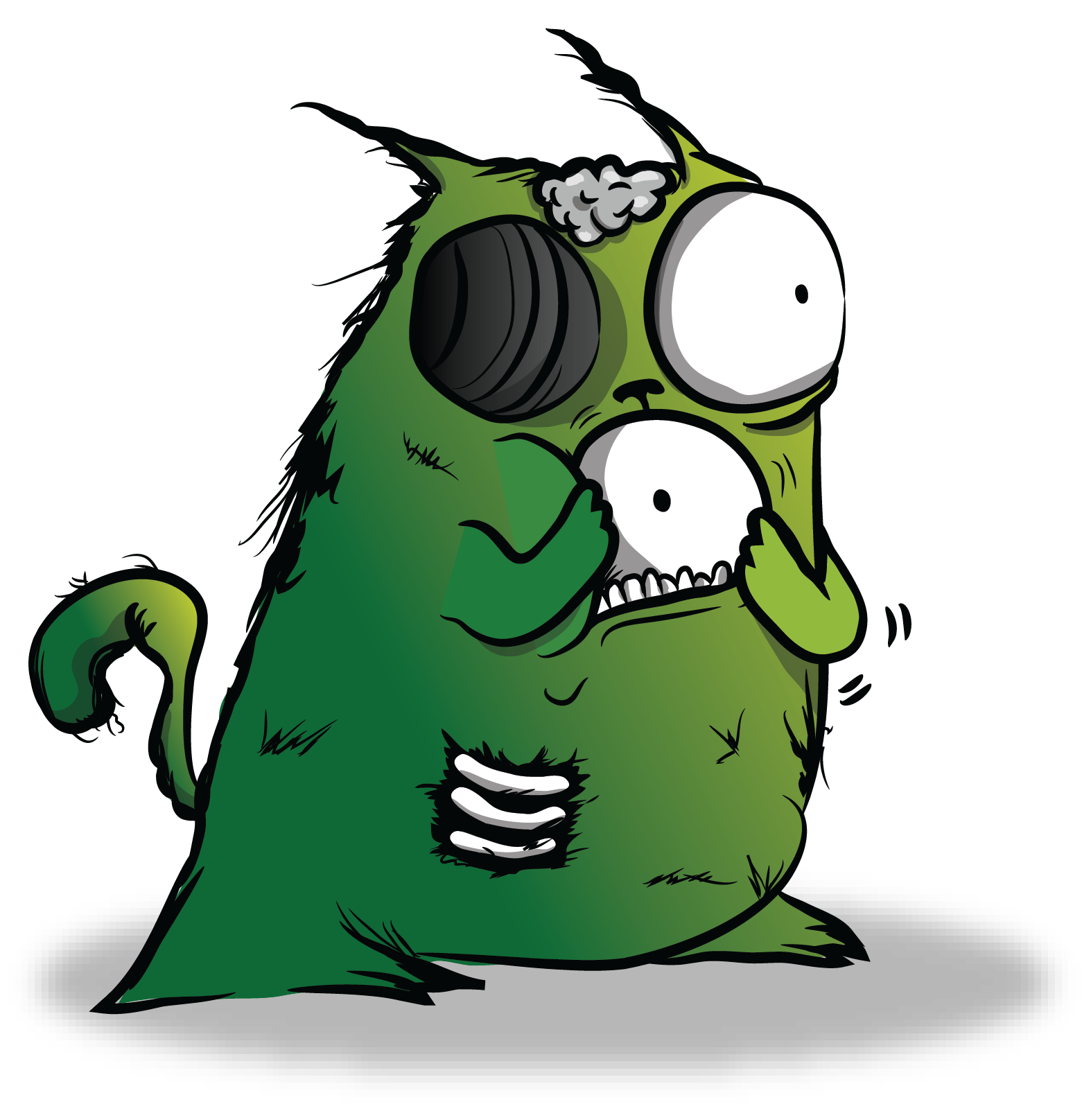 Green zombie cat character with stitched mouth