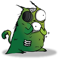 Green zombie cat character with stitched mouth 