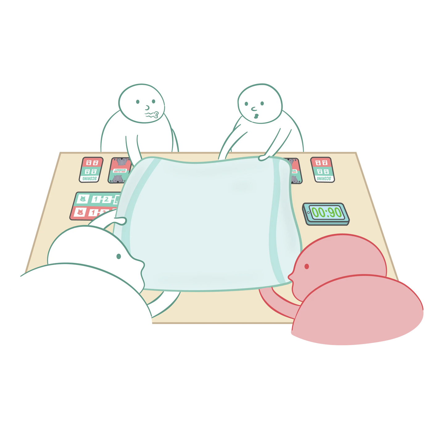 Players gathered around a table in cozy Wombat mode illustration 