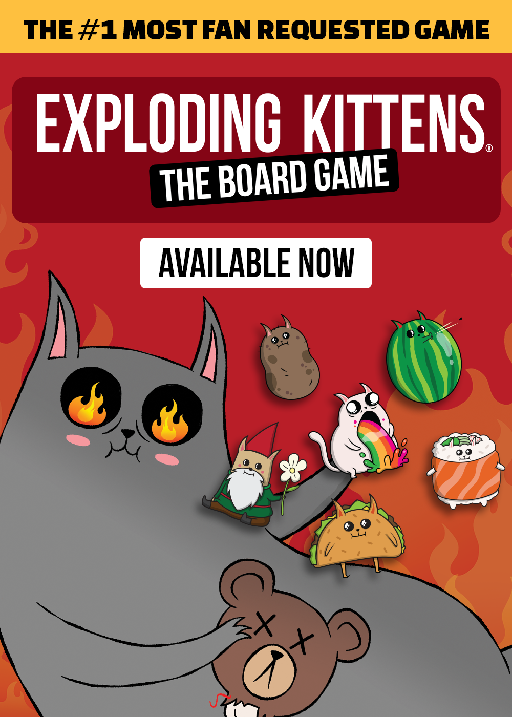 Exploding Kittens The Board Game banner, billed the #1 most fan-requested game