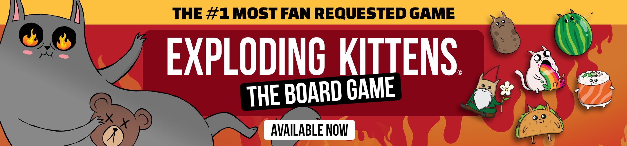 Exploding Kittens The Board Game banner, billed the #1 most fan-requested game