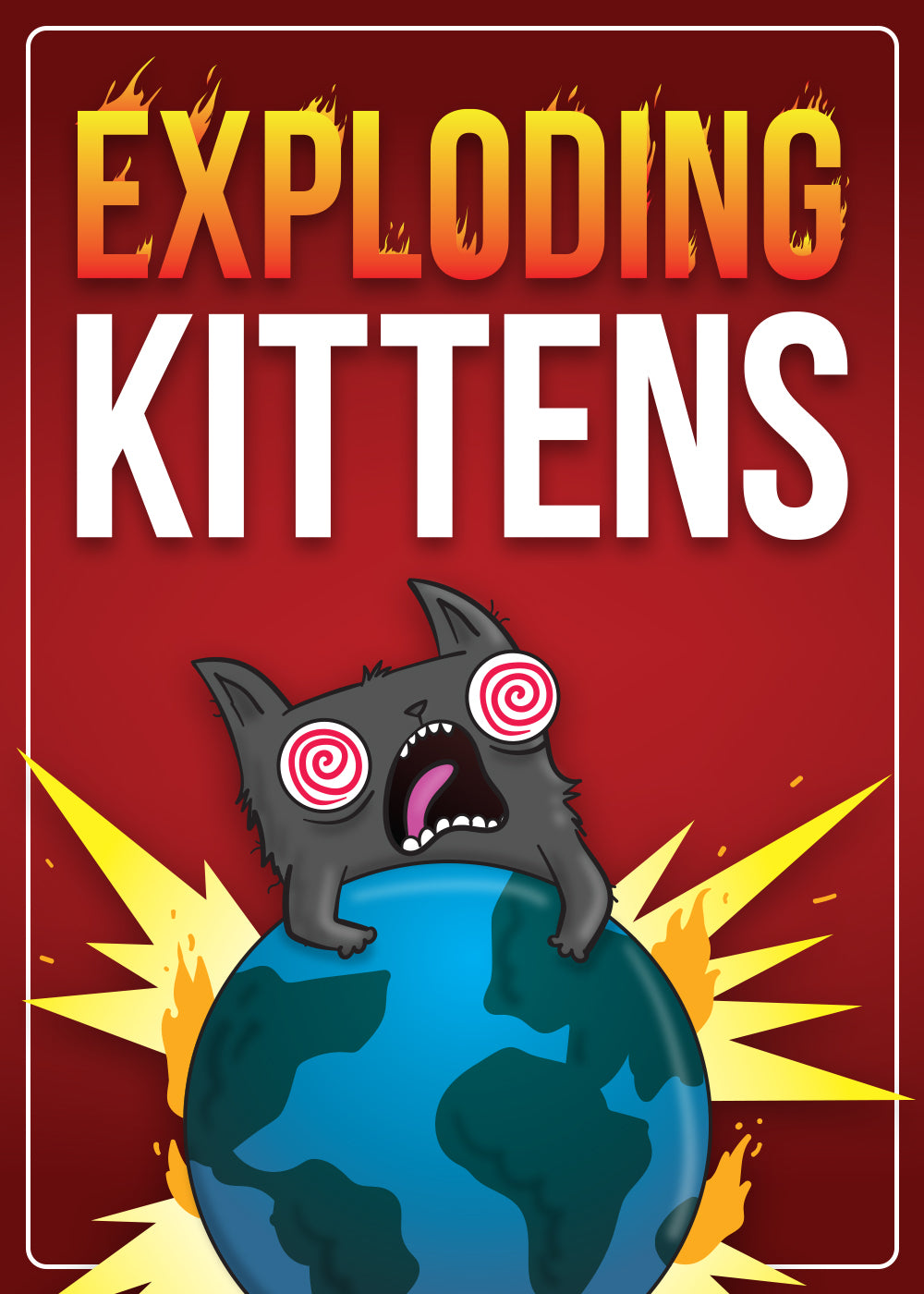 Exploding Kittens banner with the classic screaming cat on Earth artwork
