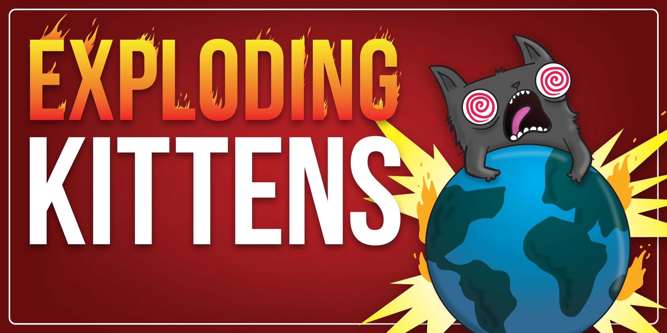 Exploding Kittens banner with the classic screaming cat on Earth artwork