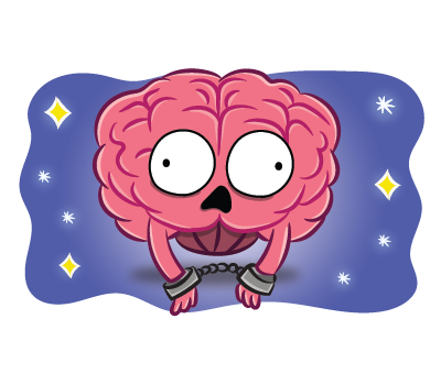 Mind Games illustration, pink brain character on a starry night
