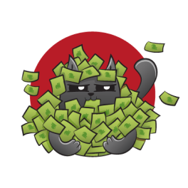 Black cat peeking out of a pile of cash 