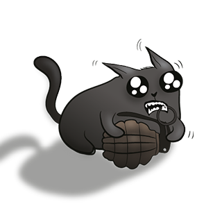 Black exploding cat clutching a grenade with a worried expression