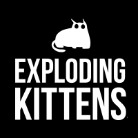 Exploding Kittens logo, white screaming cat above bold brand name on black 