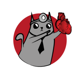 Gray doctor cat in a tie holding a red heart, medical benefit graphic 