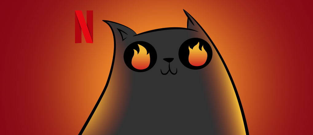 Netflix edition cat with glowing orange eyes on a dark orange background 