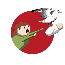 Stork delivering a baby to a startled person, paid parental leave graphic 