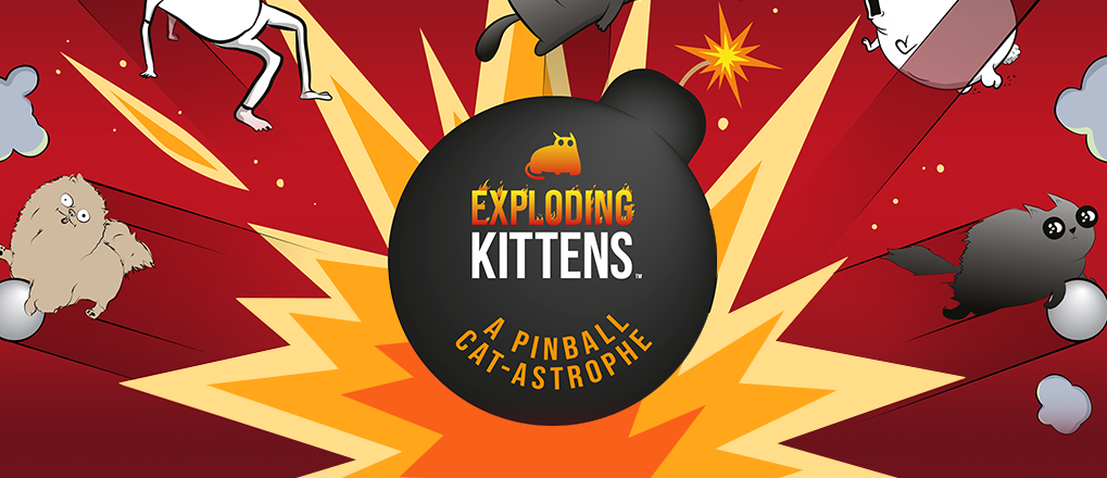 Exploding Kittens pinball game banner with scattered cats and badge 