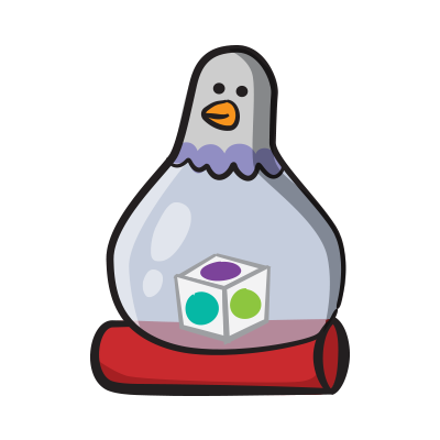 Imploding Kittens pigeon character holding dice, core edition art