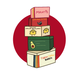 Free games promo with a stack of Exploding Kittens game boxes 