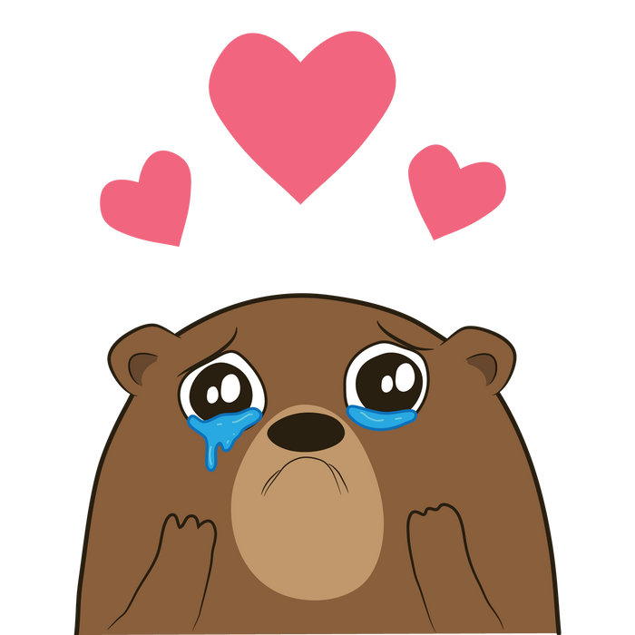Crying brown bear with floating hearts overhead