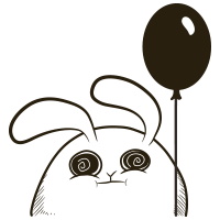 White bunny holding the string of a black balloon