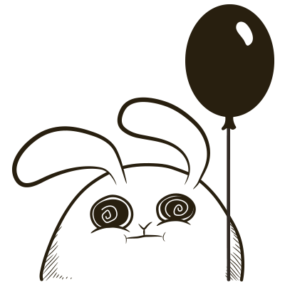 White bunny holding the string of a black balloon