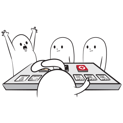 White blob characters cheering around a tabletop game