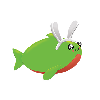 Green Hoppy Salmon fish character wearing white bunny ears