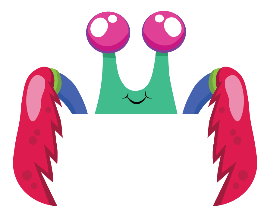 Smiling green mantis character with red claws