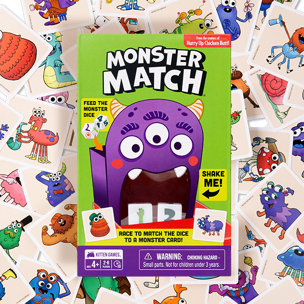 Monster Match game box with a purple monster and stickers 