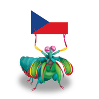 Mantis character holding the Czech flag 