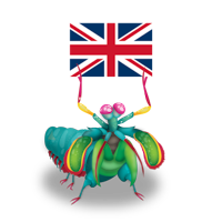 Mantis character holding the United Kingdom flag 