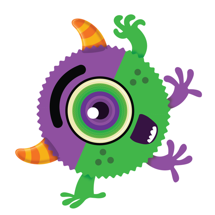 Purple and green one-eyed snack monster character