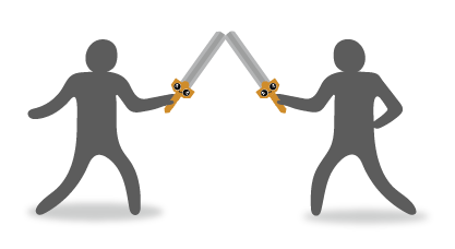 Pictogram of two figures sword fighting
