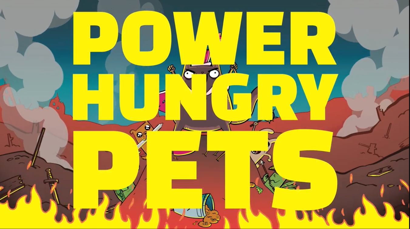 Power Hungry Pets logo over a fiery background 